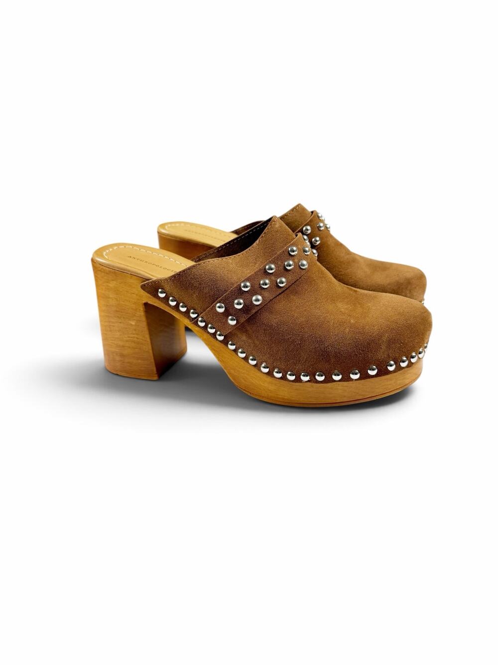 NEW By Anthropologie Studded Block-Heel Clogs Brown Suede Platform EU 41 size 9